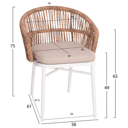 Aluminum Armchair Orin Hm6265.02 White-p.e. Rattan Natural-beige Cushion 58x61x75hcm.