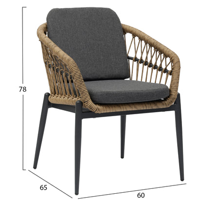 Aluminum Armchair Galdin ΗΜ6272.01 Dark Grey Frame & Cushions-p.e. Rattan In Natural 61x65x82hcm.