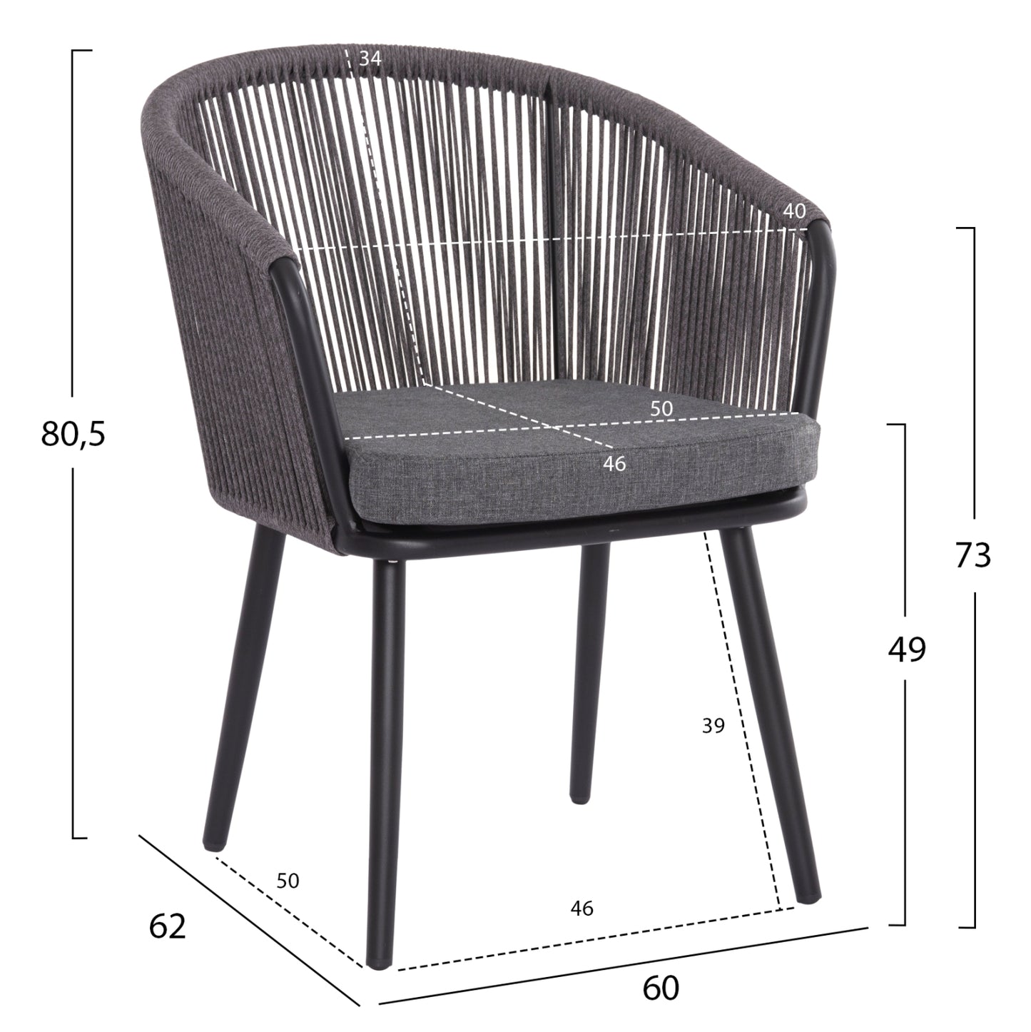 Dining Chair Harriet Hm5548.13 Aluminum Black Frame-anthracite P.e.rope & Cushion 60x62x80,5hcm.