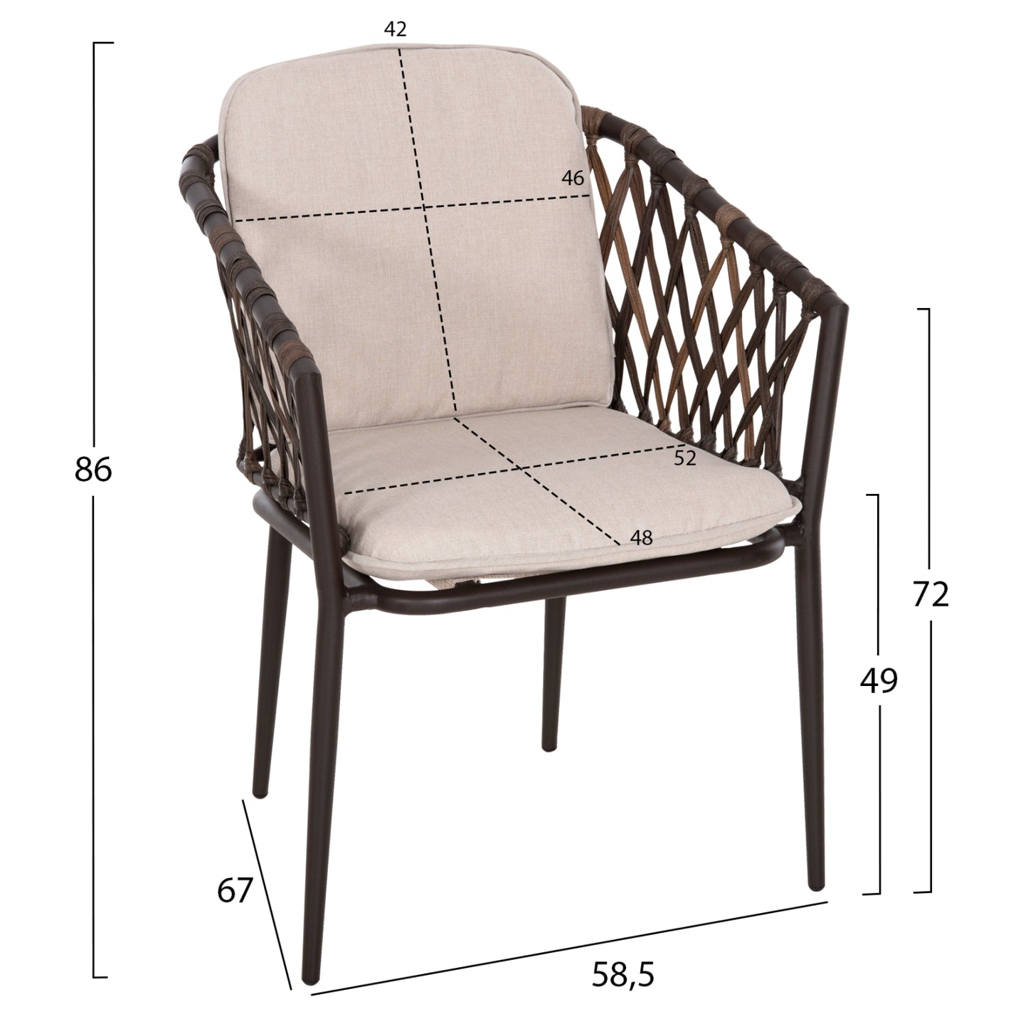 Aluminum Armchair Bolly Hm6080 Brown Frame-synthetic Rattan In Brown-beige Cushions 58,5x67x86hcm.