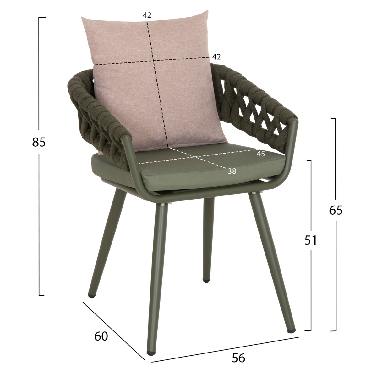 Armchair Aluminum Camden Hm6141.08 Back Cushion In Brown Color-dark Olive 56x60x72-87hcm.