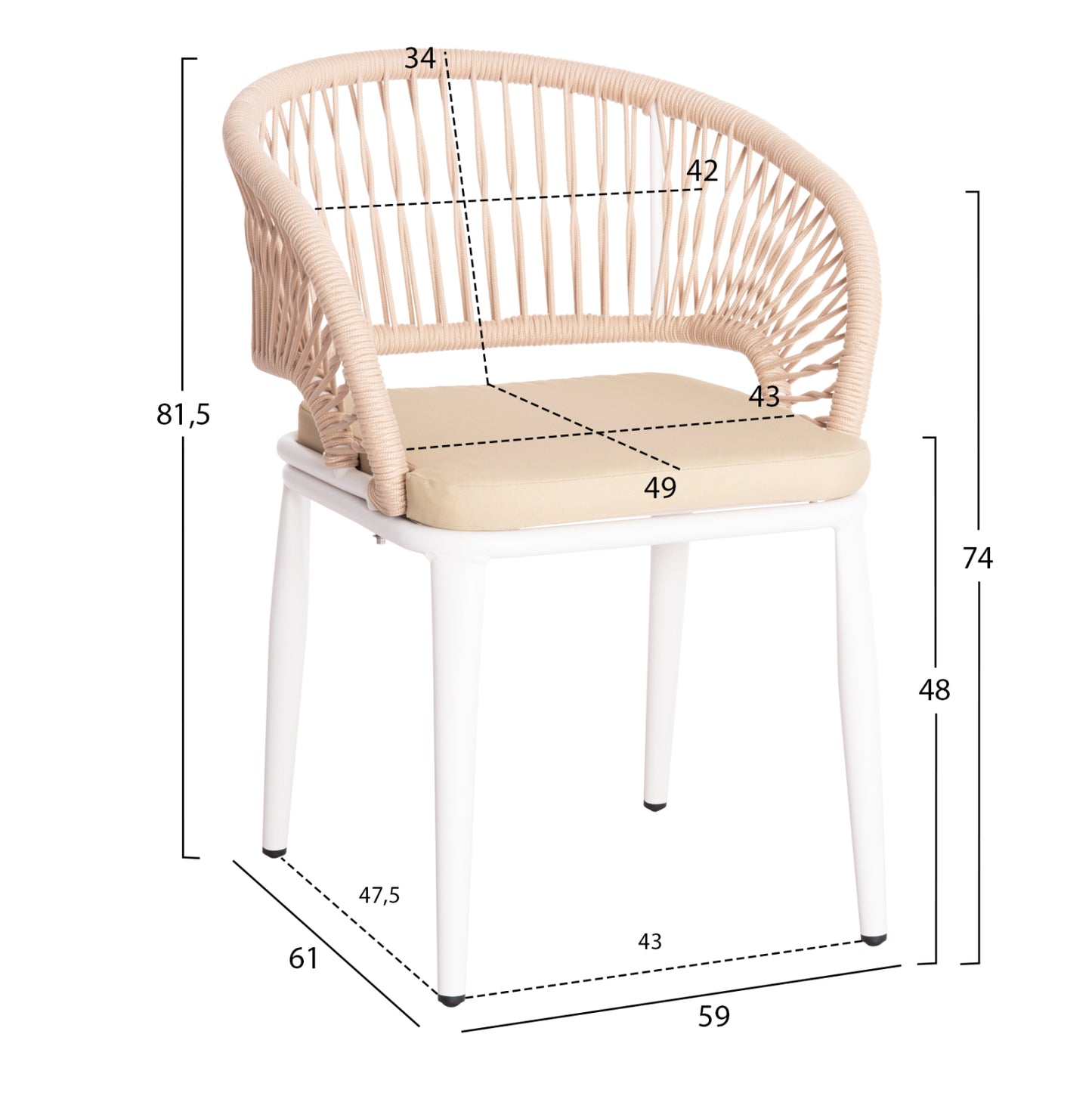Aluminum Armchair Magnet Hm6287.02 White Frame-p.e.rope In Beige 59x61x81.5hcm.