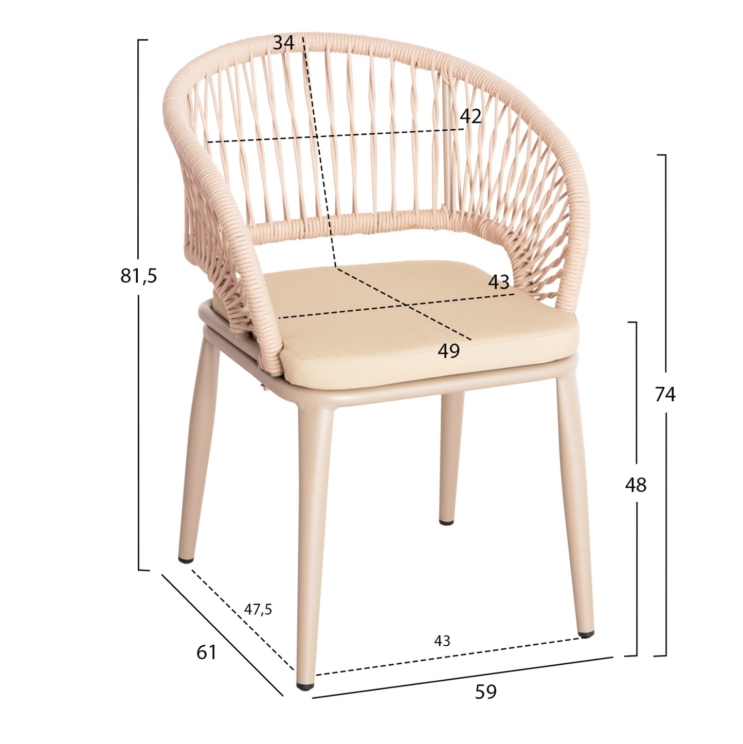Aluminum Armchair Magnet Hm6287.04 Grey Frame-p.e.rope In Cappuccino 59x61x81.5hcm.
