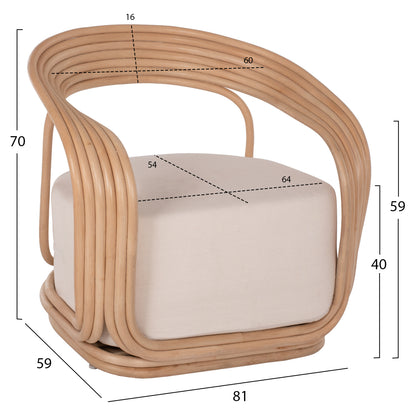 Armchair Duchess Rattan With Big Ecru Cushion Hm9478 81x59x70 Cm.