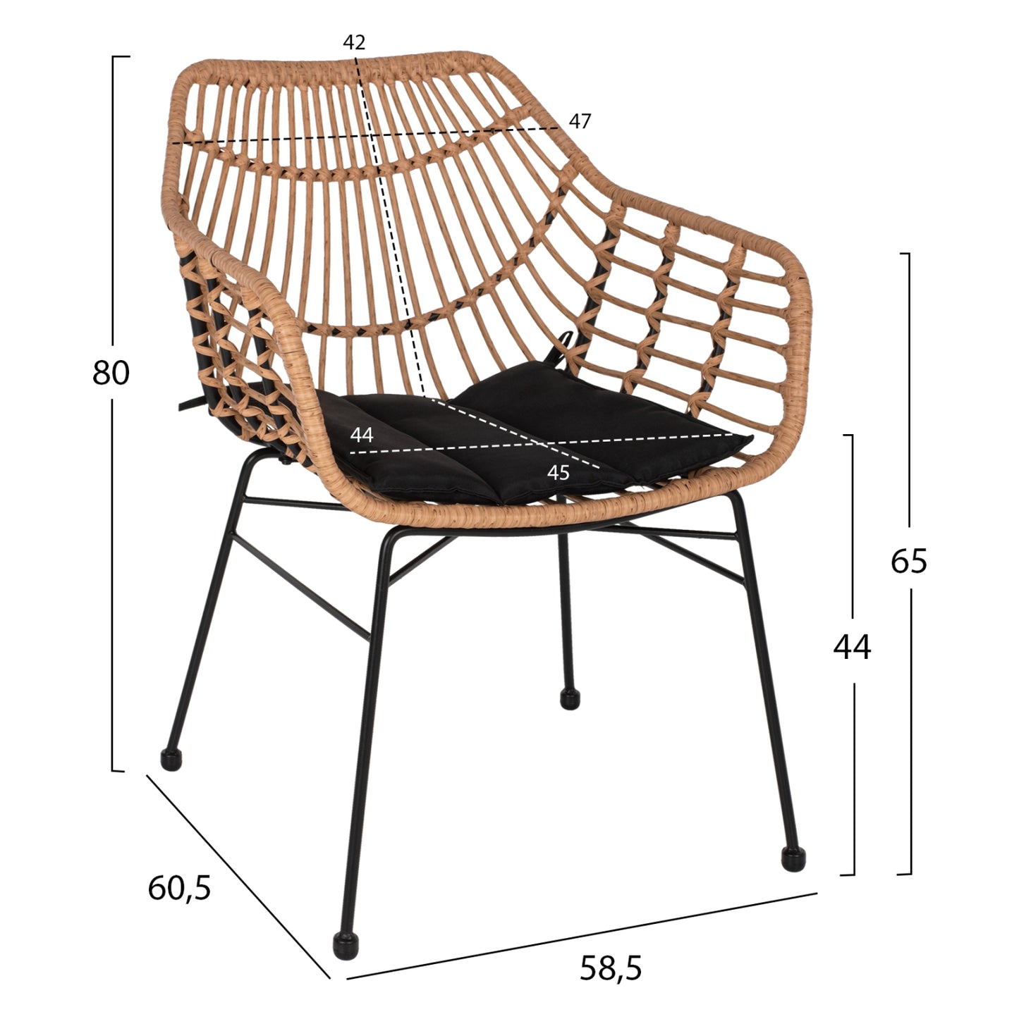 Armchair Professional Black Metal Rattan Beige & Cushion Hm5864.01 58.5x60.5x80 Cm.