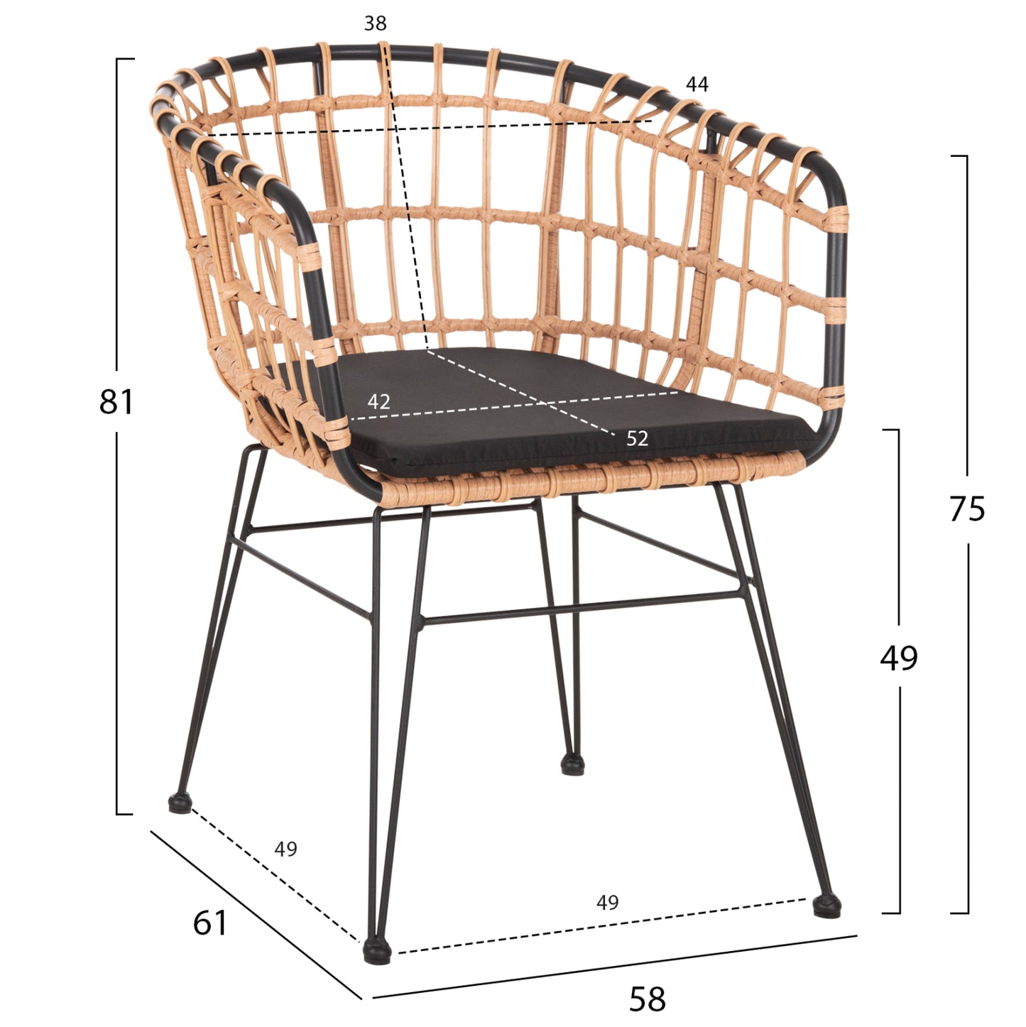 Armchair Outdoor Allegra Hm5456.11 Metal&cushion Black-wicker Beige 58x61x81hcm.