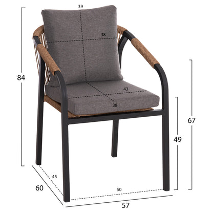 Armchair Maerly Hm6051.13 Anthracite Aluminum And Cushions-p.e.rattan In Light Brown 57x60x84hcm.
