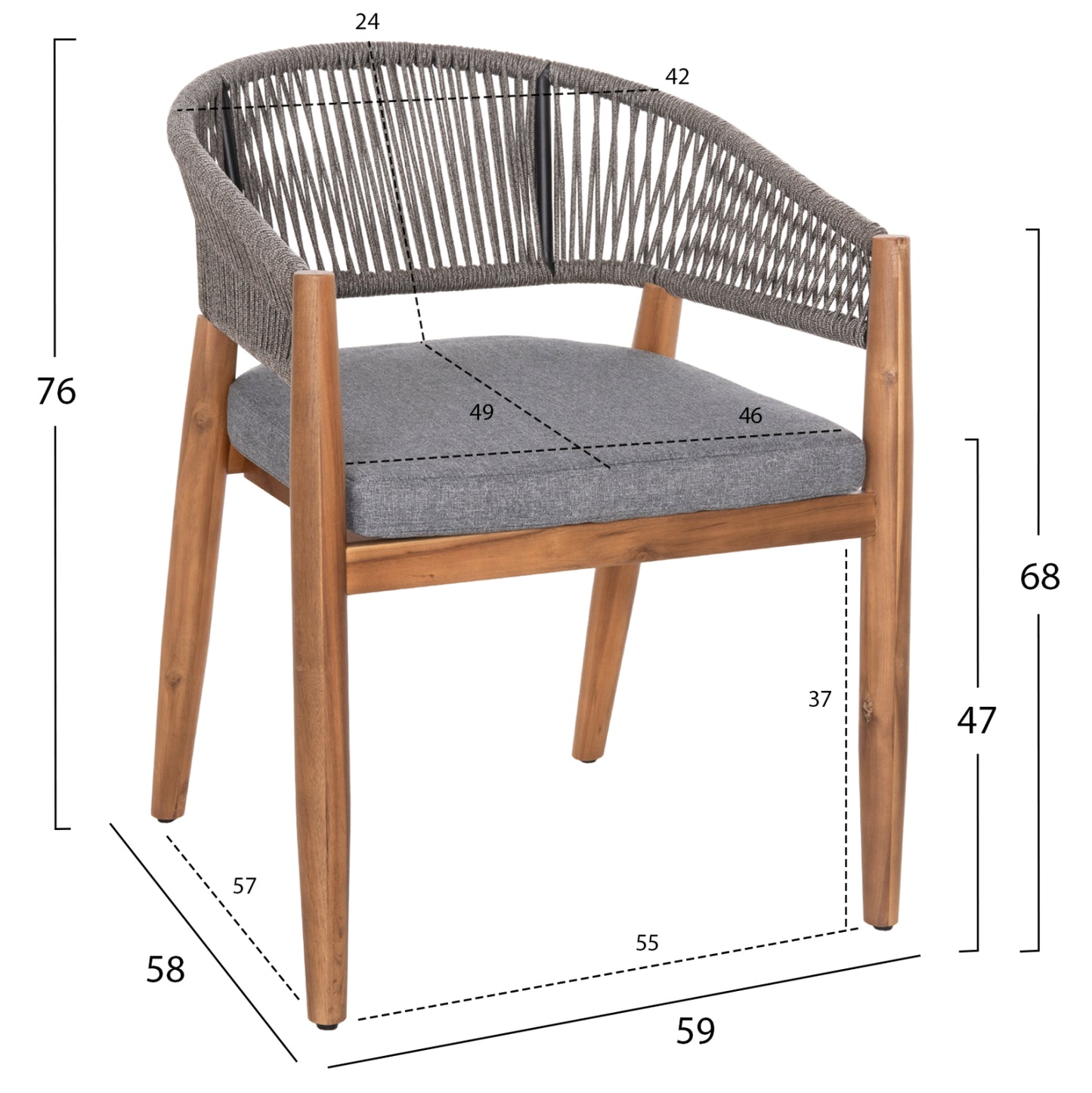 Outdoor Dining Chair Navan Hm6135.01 Acacia Wood In Natural-nylon Rope In Grey 59x58x76hcm.
