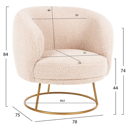 Armchair Arien Hm8403.20 Boucle Fabric In Ecru-gold Metal Base 78x75x84hcm.