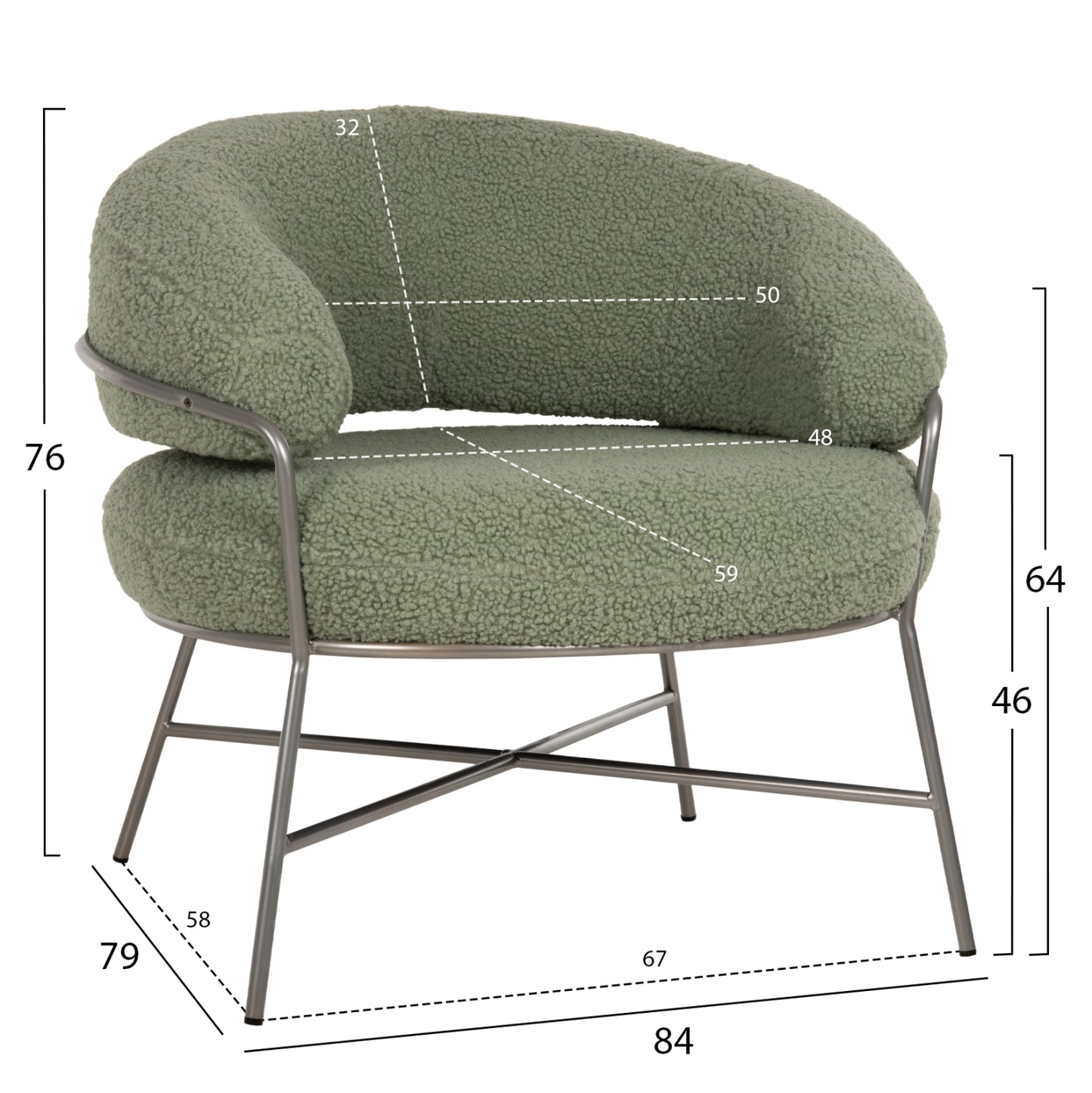 Armchair Trudi Hm8639.27 Pistachio Green Boucle Fabric And Silver Metal Frame 84x79x76hcm.