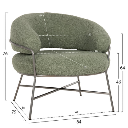 Armchair Trudi Hm8639.27 Pistachio Green Boucle Fabric And Silver Metal Frame 84x79x76hcm.
