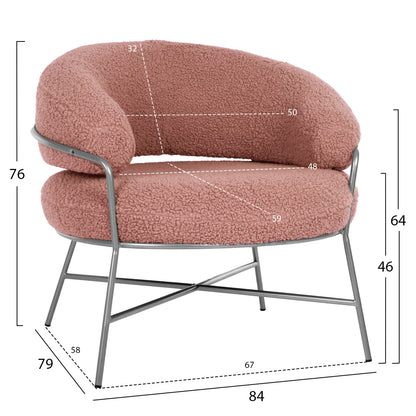 Armchair Trudi Hm8639.32 Dusty Pink Boucle Fabric And Silver Metal Frame 84x79x76hcm.