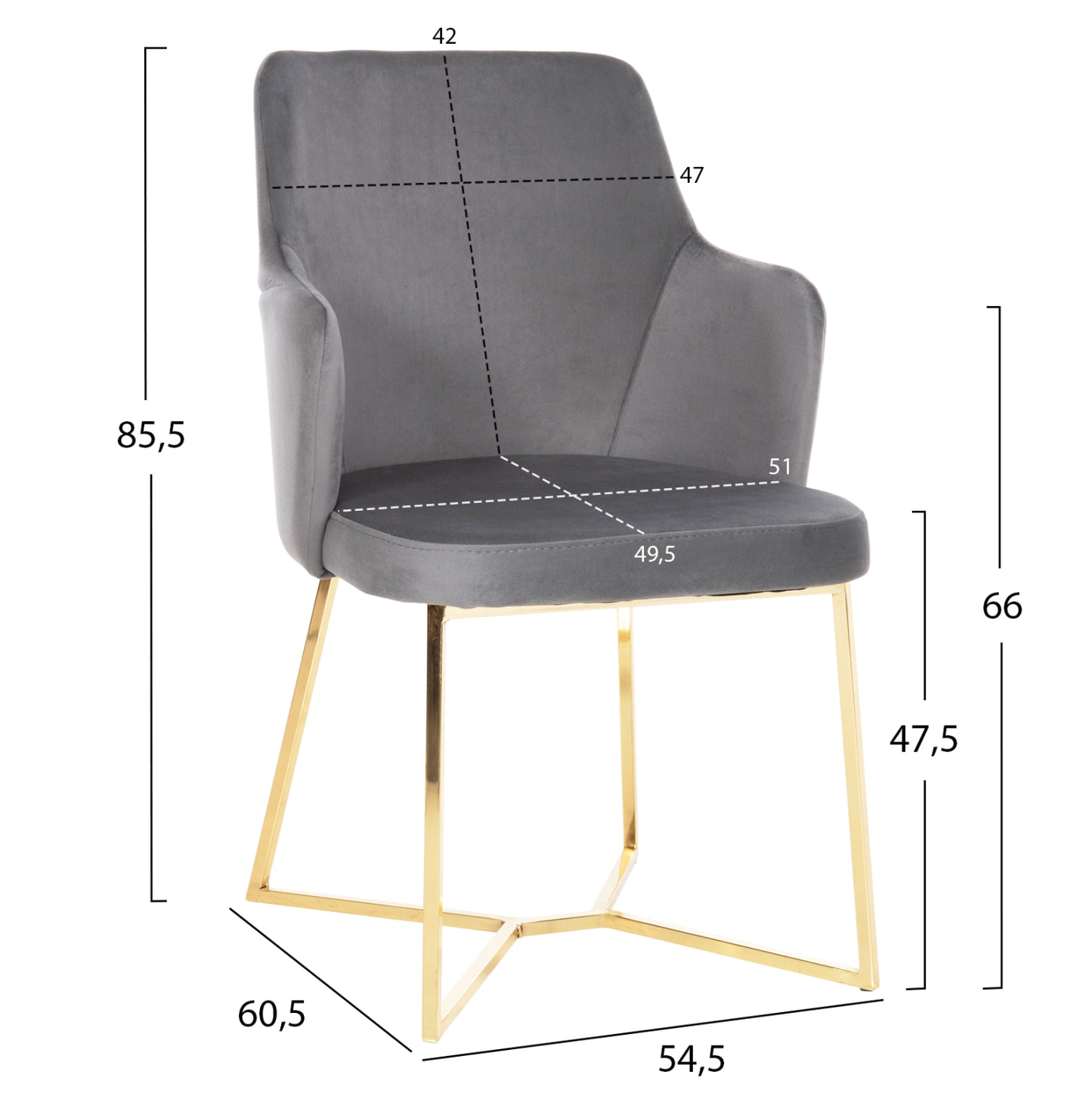 Armchair Triana Hm9278.11 Grey Velvet With Gold Metal Legs 54,5x60,5x85,5hcm.
