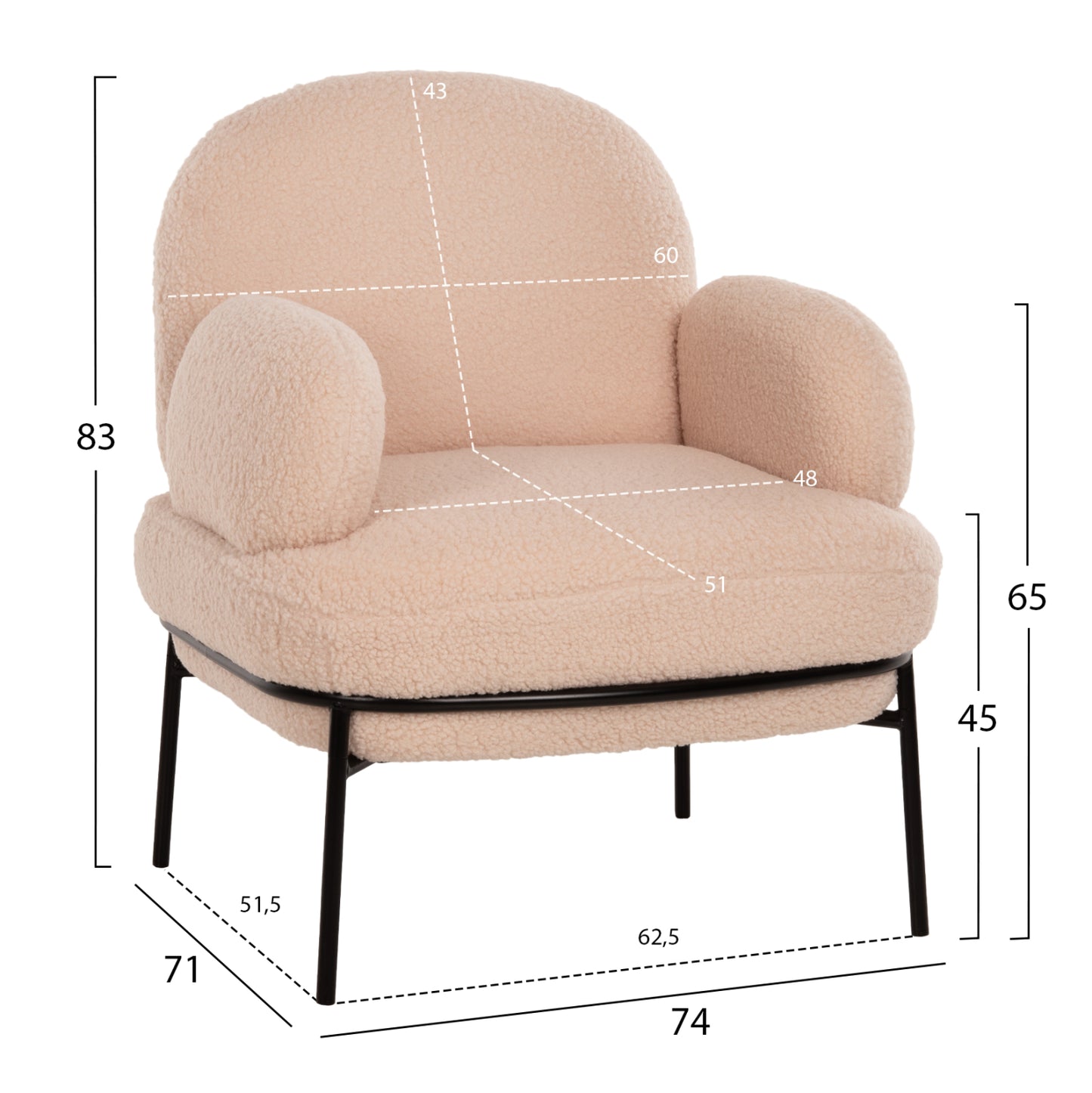 Armchair Agnes Hm9525.20 Ecru Boucle Fabric-black Metal Legs 74x71x83hcm.