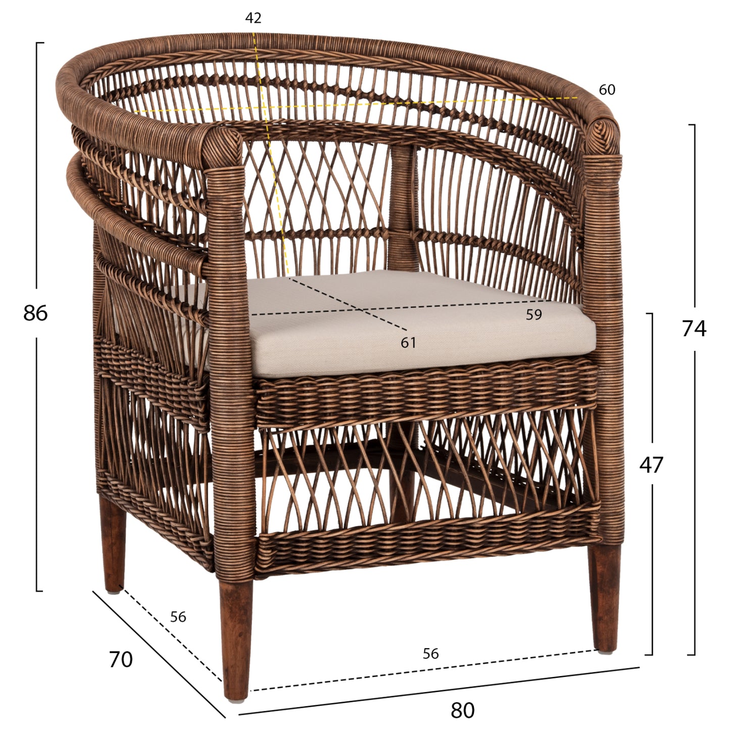 Armchair Malawi Hm9635.01 Mahogany Wood With Rattan In Brown-white Cushion 80x70x86hcm.