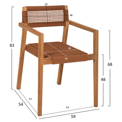 Armchair Charlotte Hm9637.01 Teak Wood In Natural & Brown Rope 59x54x83hcm.