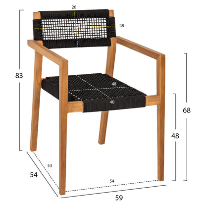 Armchair Charlotte Hm9637.02 Teak Wood In Natural & Black Rope 59x54x83hcm.