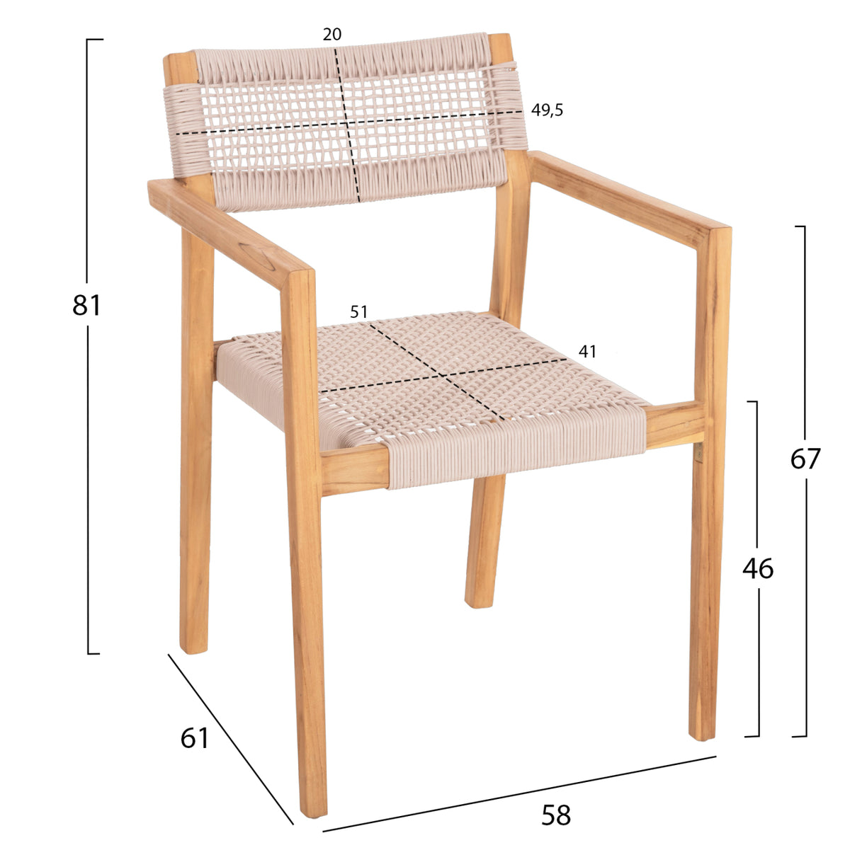 Armchair Charlotte Hm9637.07 Teak Wood & Beige Rope--b'rated 58x61x81hcm.