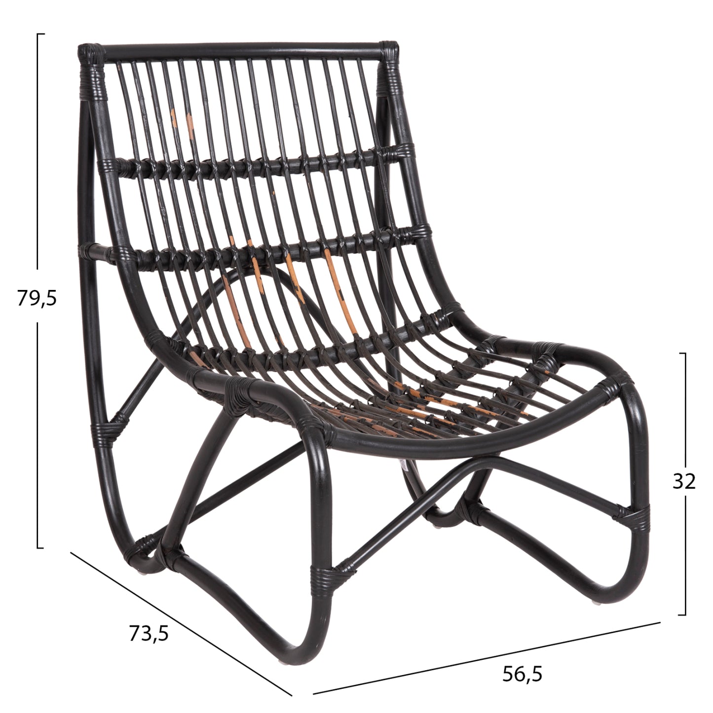 Armchair Grinn Hm9815.02 Rattan Rods In Black Color 56.5x73.5x79.5h --b' Gradecm.