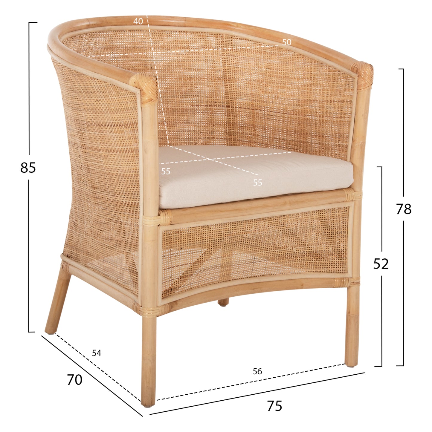 Armchair Apron Hm9818 Perforated Rattan In Natural Color-white Cushion 75x70x85hcm.