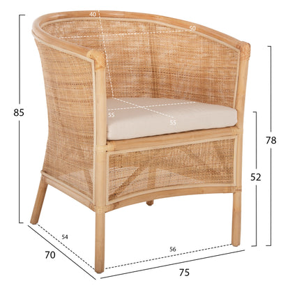 Armchair Apron Hm9818 Perforated Rattan In Natural Color-white Cushion 75x70x85hcm.