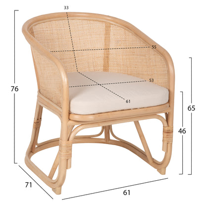 Armchair Kiko Hm9839 Rattan In Natural Polished Color-white Cushion 61x71x76hcm.