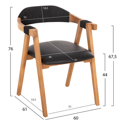 Dining Armchair Rimini Hm9867.02 Teak Wood In Natural-black Rope & Pu Seat 60x61x76hcm.
