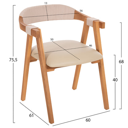 Dining Armchair Rimini Hm9867.07 Teak Wood In Natural-beige Rope & Pu Seat 60x61x75,5hcm.