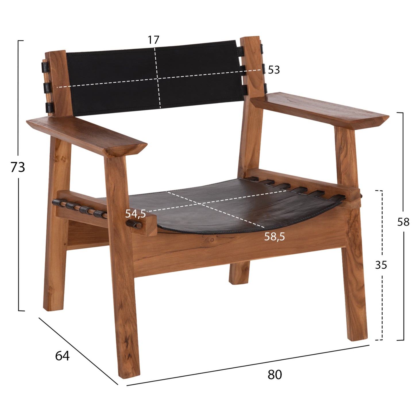 Armchair Konna Hm9928.01 Teak Wood In Natural-cow Leather In Black 80x64x73hcm