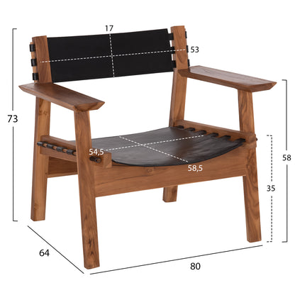Armchair Konna Hm9928.01 Teak Wood In Natural-cow Leather In Black 80x64x73hcm