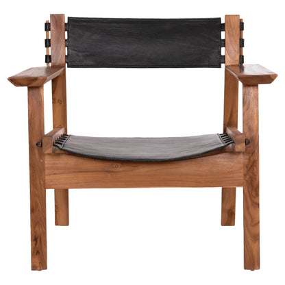 Armchair Konna Hm9928.01 Teak Wood In Natural-cow Leather In Black 80x64x73hcm