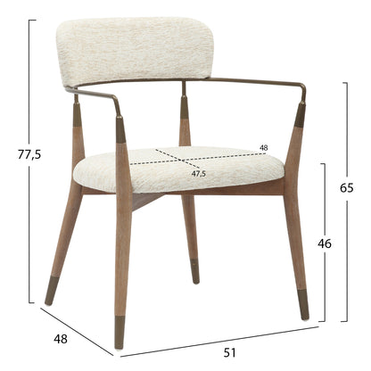 Dining Armchair Roy Hm9978.01 Beech Wood Legs-metal Arms-fabric In Ecru Color 51x48x77,5hcm.
