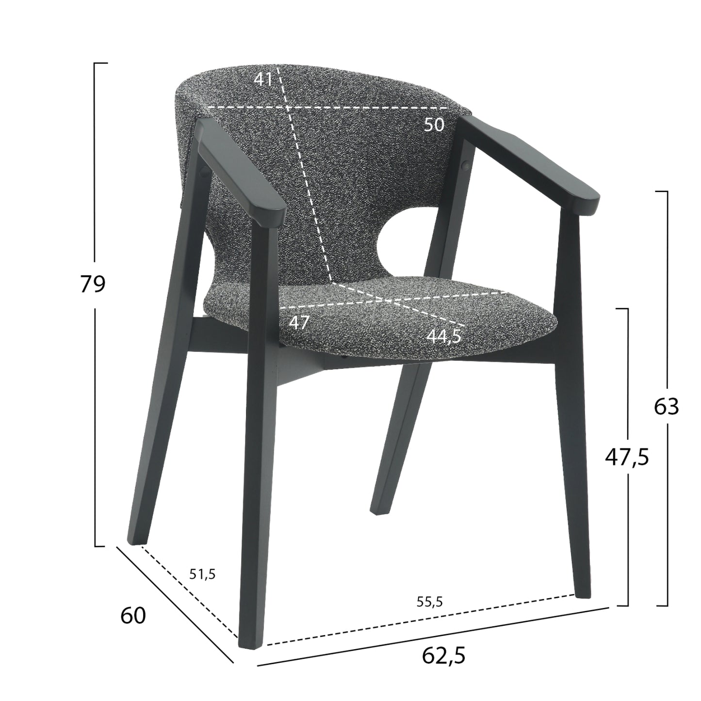 Dining Armchair Yeger Hm9995.01 Beech Wood In Black-dark Grey Fabric 59x58x78hcm.
