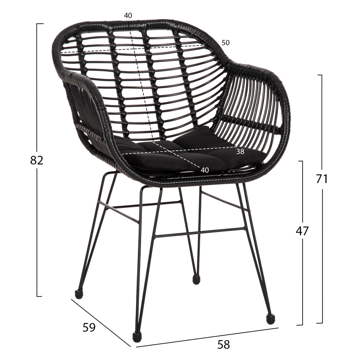 Armchair With Seat Cushion Metal Frame Allegra Hm5450.32 Black Rattan In Wicker 58x59x82h
