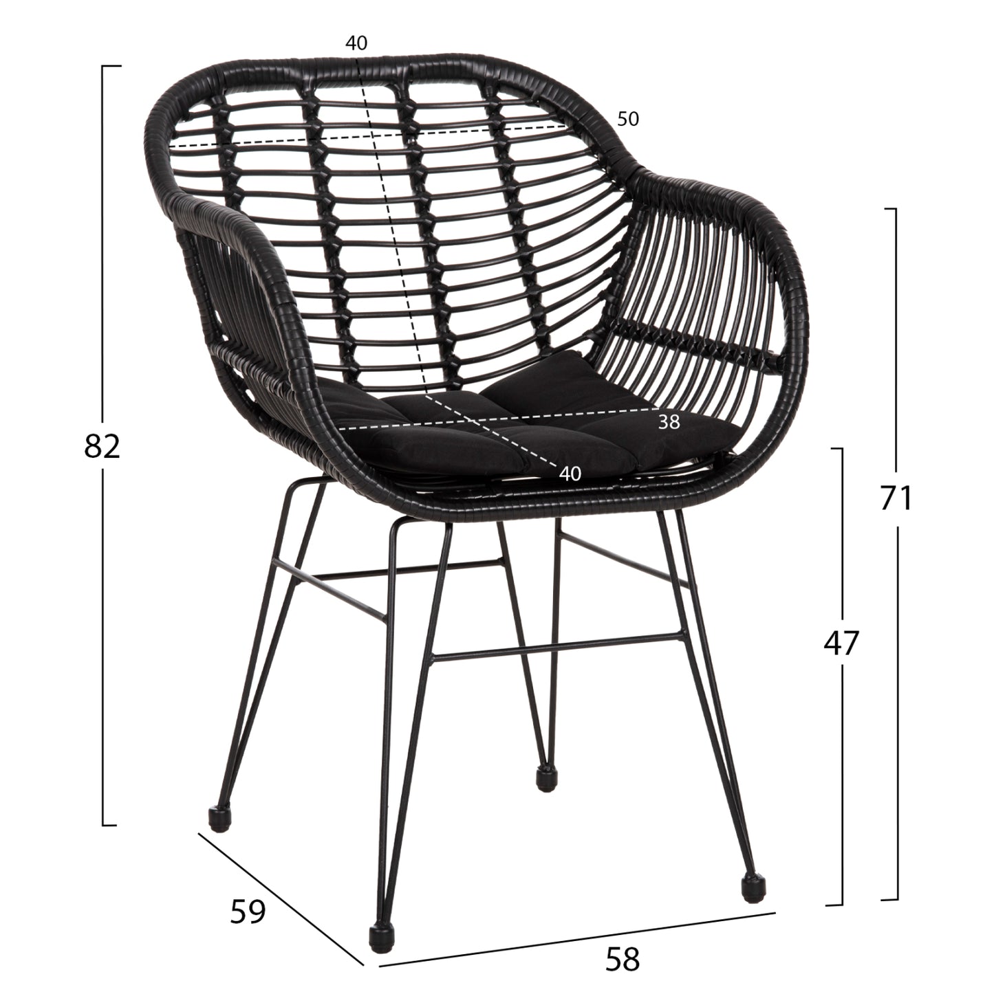 Armchair With Seat Cushion Metal Frame Allegra Hm5450.32 Black Rattan In Wicker 58x59x82h
