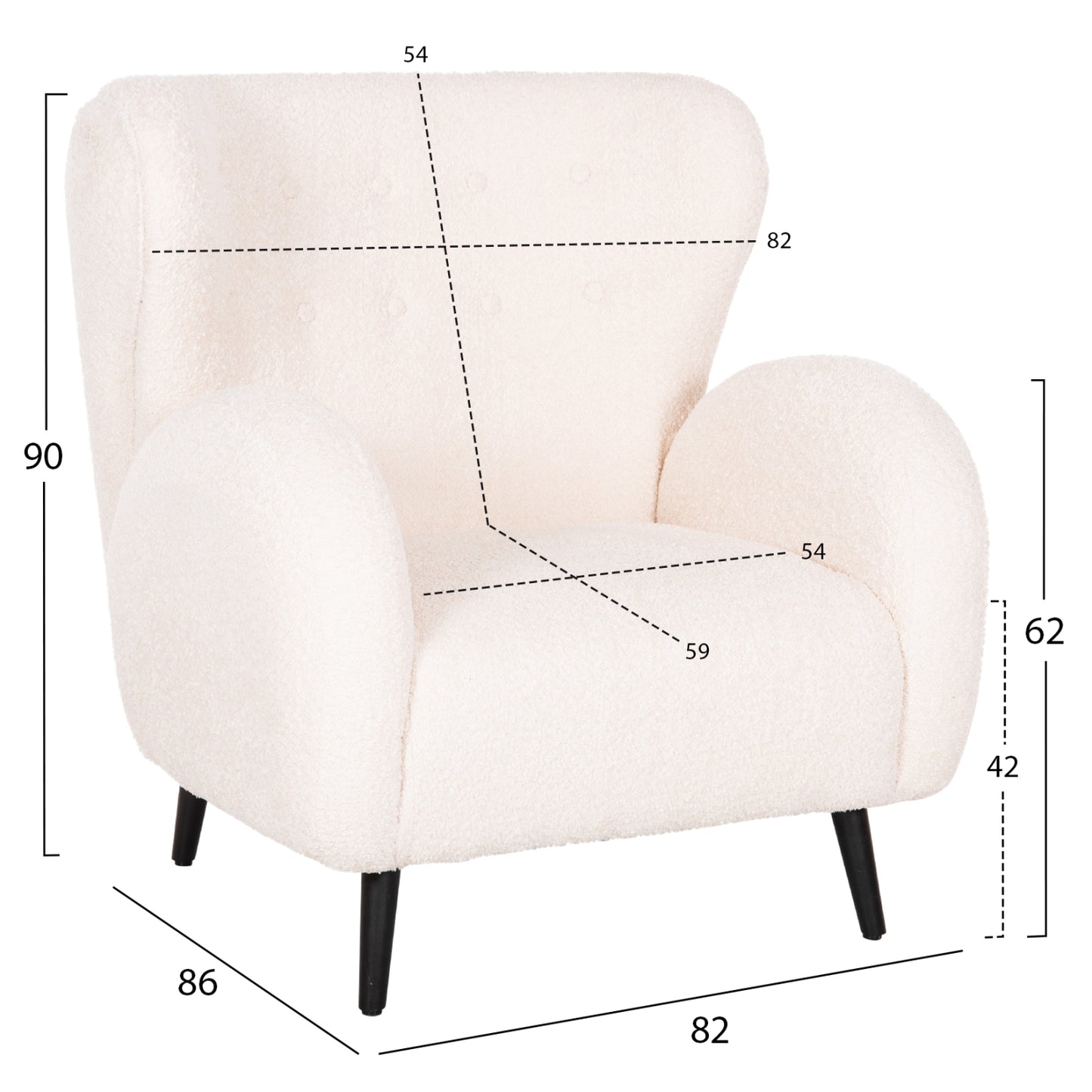 Armchair Kryly Hm9593.06 Ecru Boucle Fabric-black Wooden Legs 83x87x89hcm.
