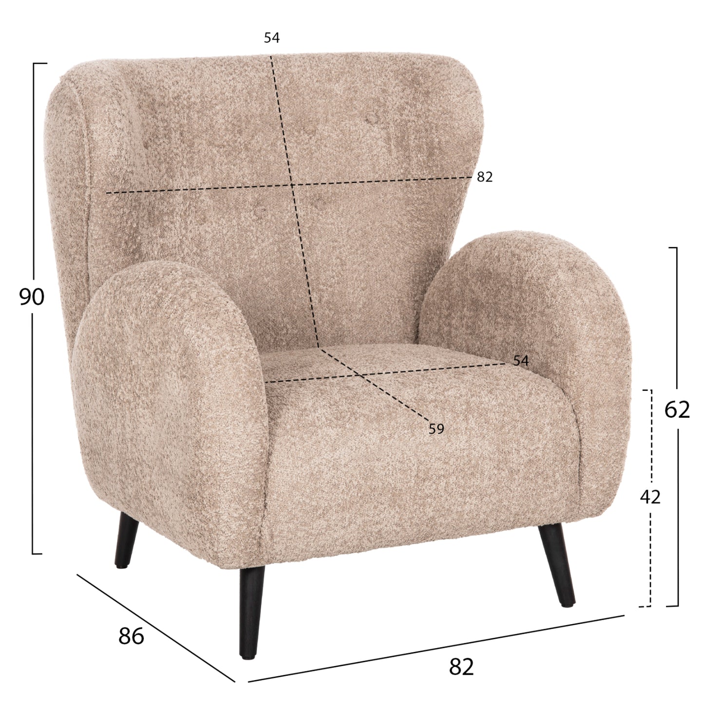 Armchair Kryly Hm9593.07 Beige Boucle Fabric-black Wooden Legs 83x87x89hcm.