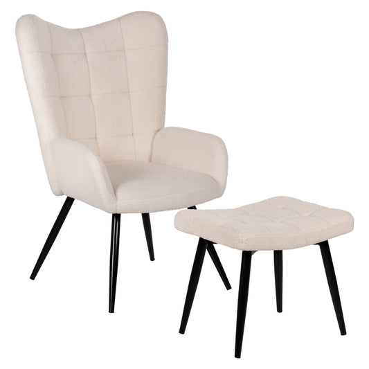 Armchair Crawley With Footstool Hm8918.25 White Boucle Fabric-black Metal Legs 70x74x105hcm.