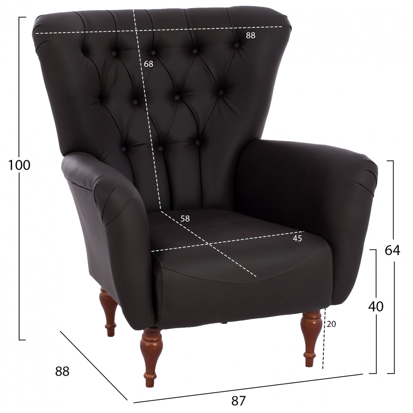 Hm9217.03 Bergere, Chesterfield-style, Brown Pu, 87x88x100