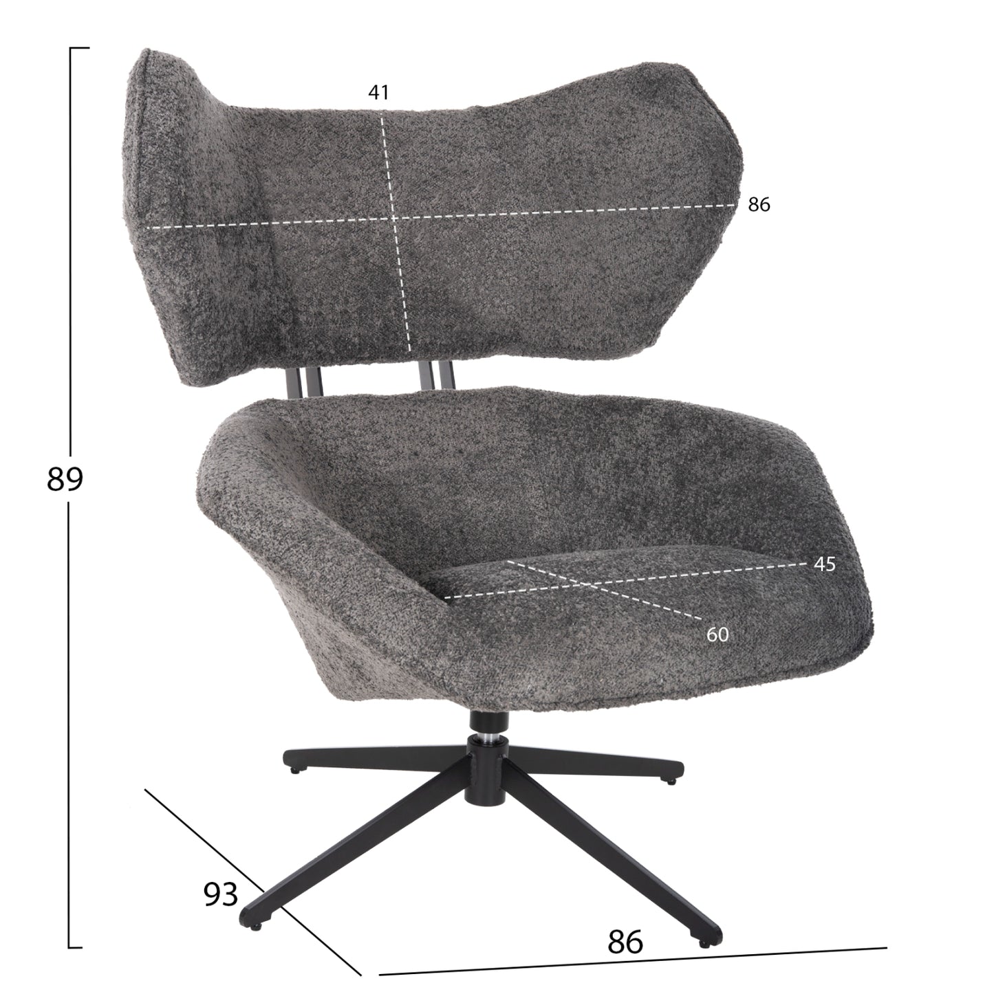 Armchair Swivel Bryll Hm9597.01 Grey Boucle-black Metal Base 86x90x97hcm.