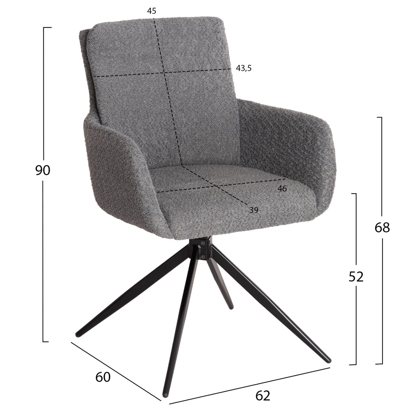 Dining Armchair Swivel Blans Hm9942.01 Grey Boucle Fabric-metal Legs 62x60x90hcm.