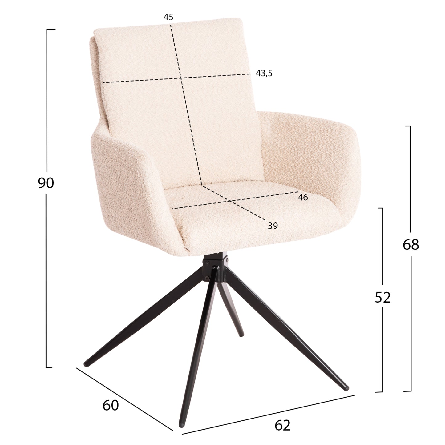 Dining Armchair Swivel Blans Hm9942.07 Beige Boucle Fabric-metal Legs 62x60x90hcm.