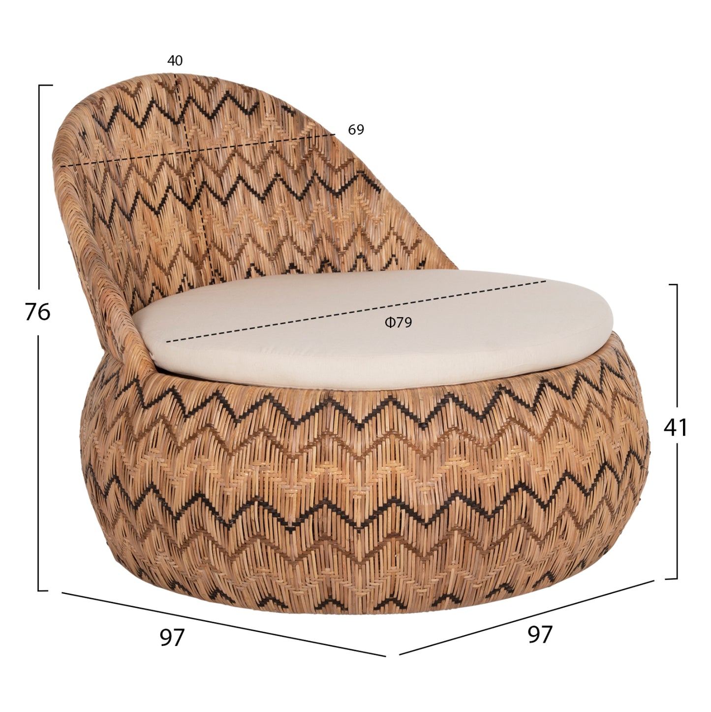 Armchair Round Ladlon Hm5992 Rattan In Natural-cushion In Ecru 97x97x76hcm.