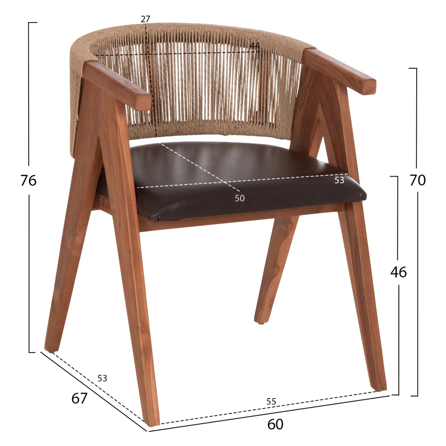 Dining Chair Brann Hm18238.11 Teak Wood-rope-brown Pu 60x67x76hcm.