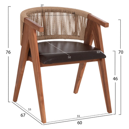 Dining Chair Brann Hm18238.11 Teak Wood-rope-brown Pu 60x67x76hcm.
