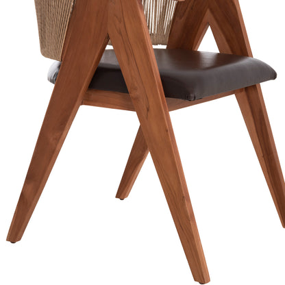Dining Chair Brann Hm18238.11 Teak Wood-rope-brown Pu 60x67x76hcm.