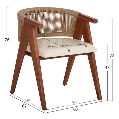 Dining Chair Brann Hm18238.12 Teak Wood-rope-ecru Pu 60x62x76hcm.