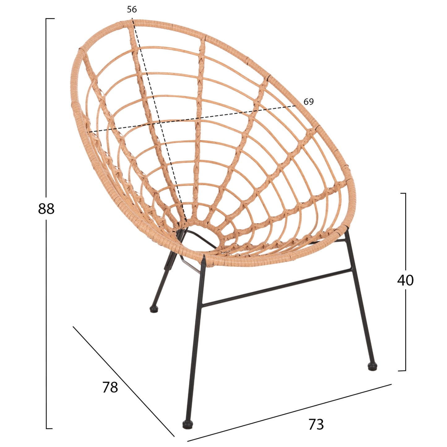 Armchair Nest-type Allegra Hm5458.11 Black Metal-wicker In Beige 73x78x88h Cm.