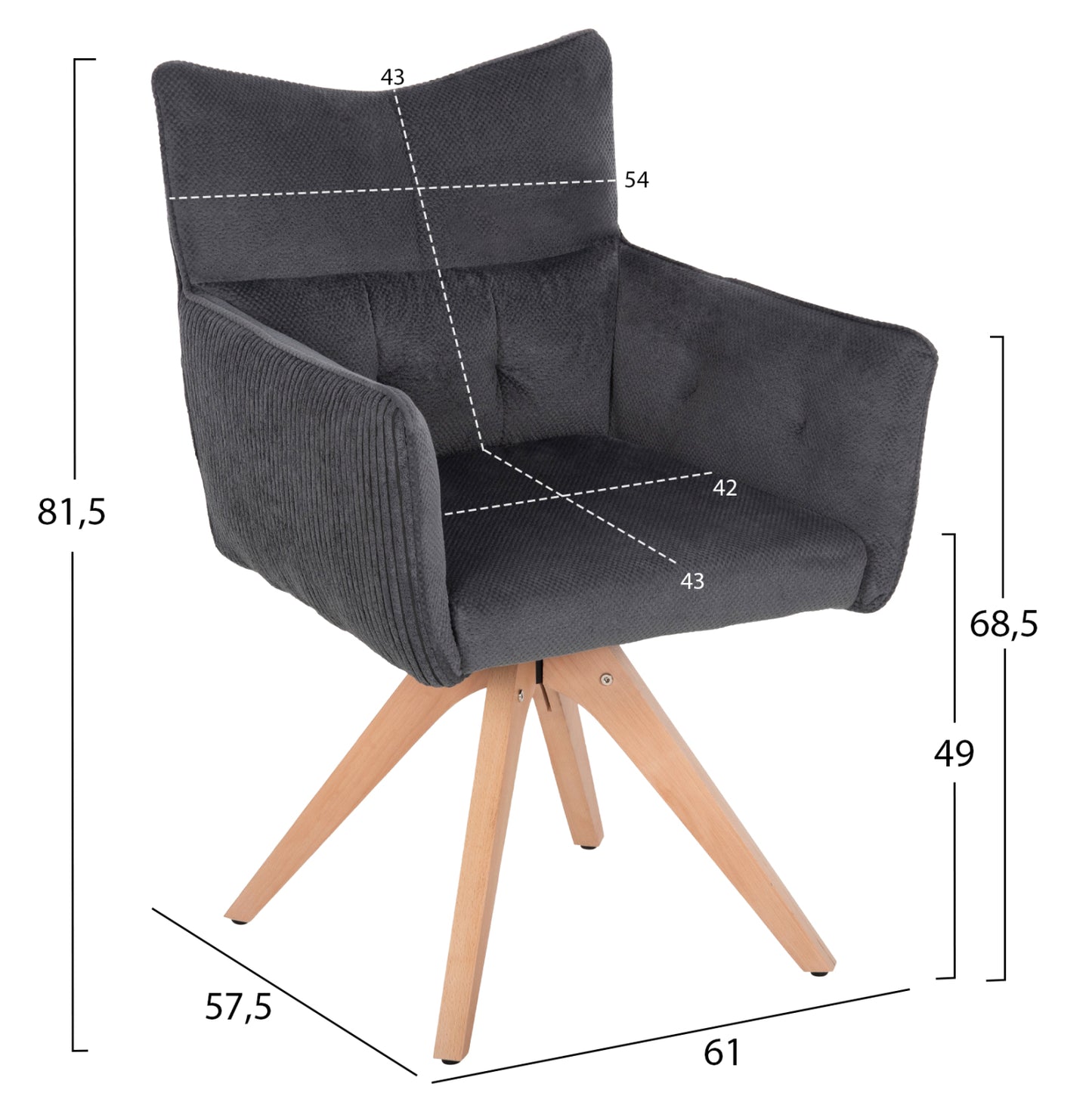 Dining Armchair Quill Hm9843.03 Grey Fabric-beech Wood Legs 61x57,5x91hcm.