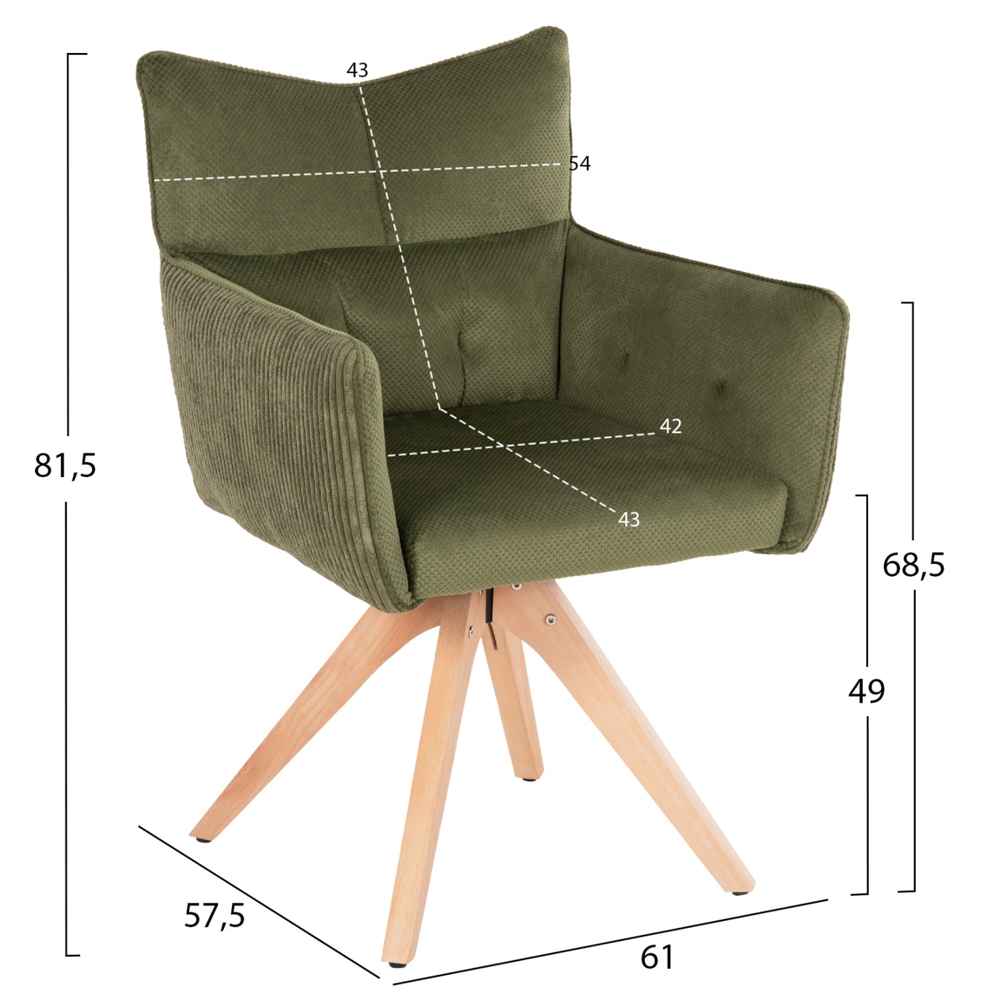 Dining Armchair Quill Hm9843.05 Green Fabric-beech Wood Legs 61x57,5x91hcm.